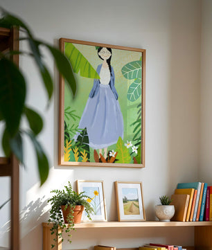 Serene illustration of a woman in nature with tropical leaves