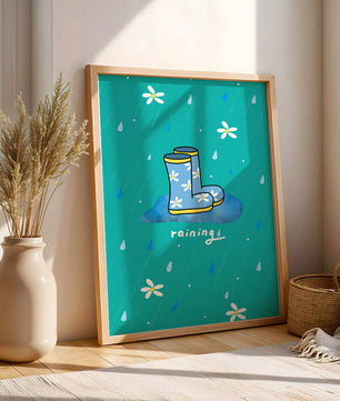 Colorful rain boots with floral pattern on a rainy background