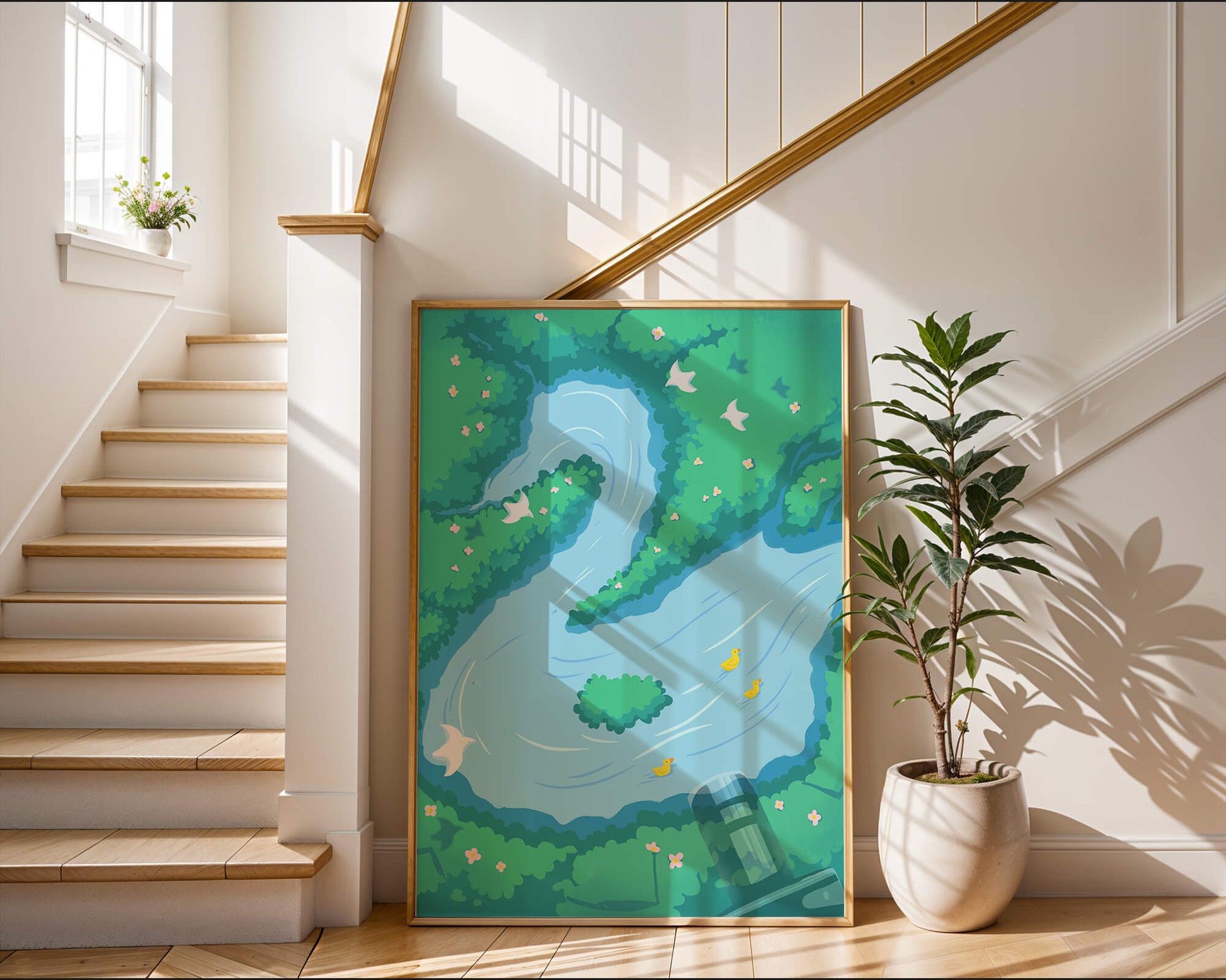 Río sereno con patos y aves en un paisaje exuberante