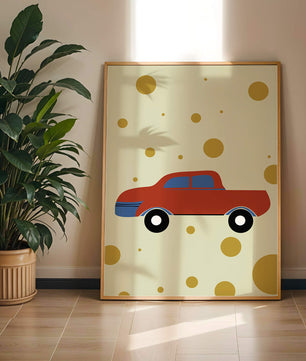 Ilustración abstracta de un coche rojo con círculos dorados sobre un fondo beige