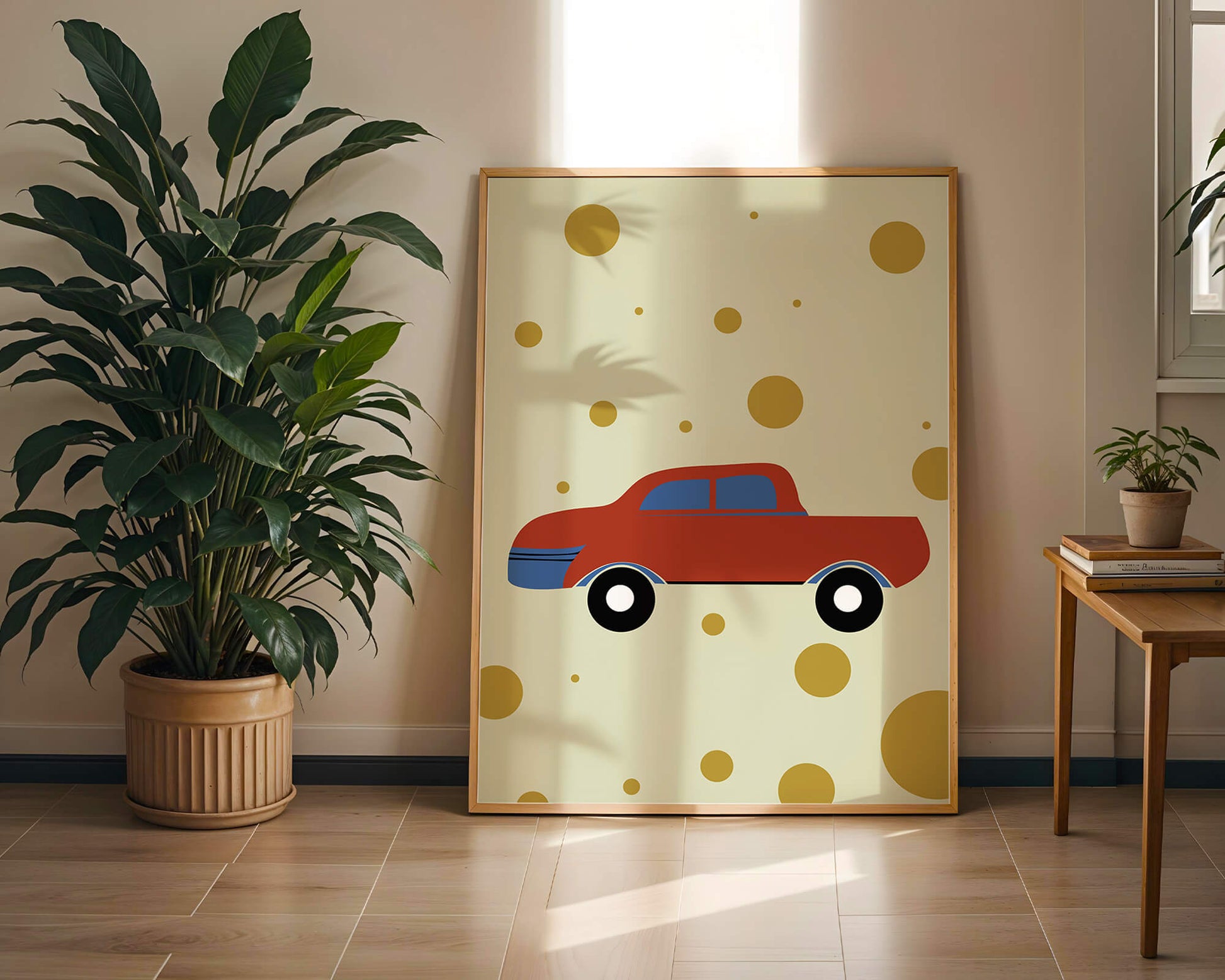 Abstract illustration of a red car with golden circles on a beige background