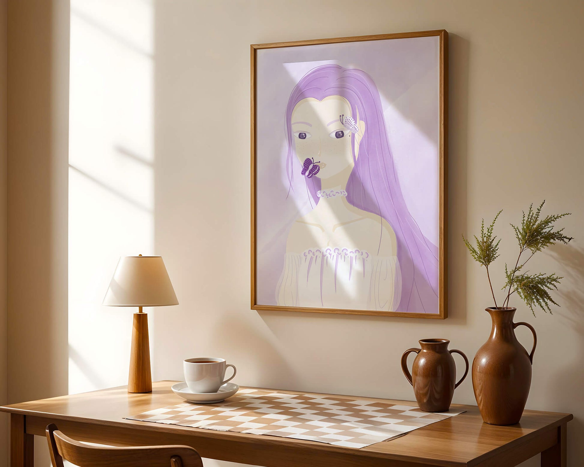 Illustration of a woman with purple hair and butterflies