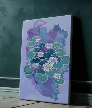 Serene aquatic scene with water lilies on abstract colorful background
