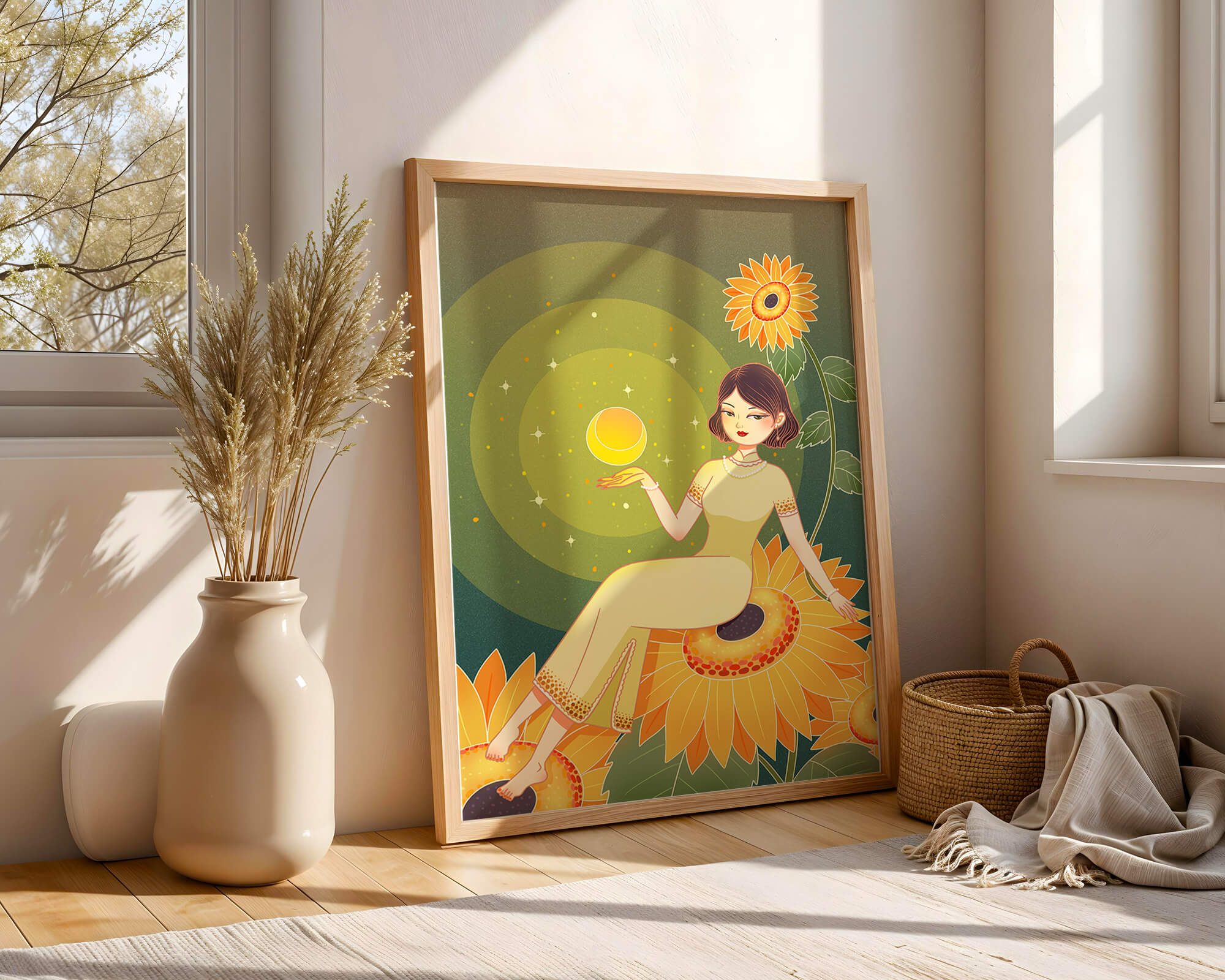 Elegant illustration of a woman on sunflowers with glowing orb