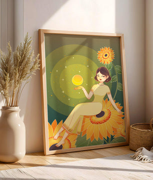 Elegant illustration of a woman on sunflowers with glowing orb