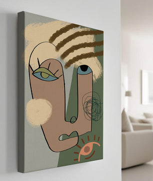 Retrato abstracto con formas geométricas y tonos terrosos