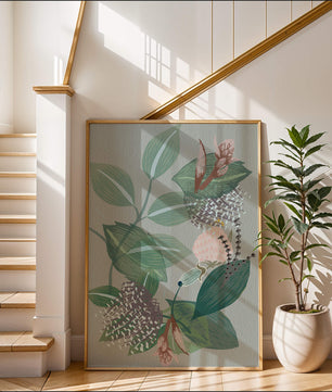 Floral botanical pattern with green leaves and delicate flowers