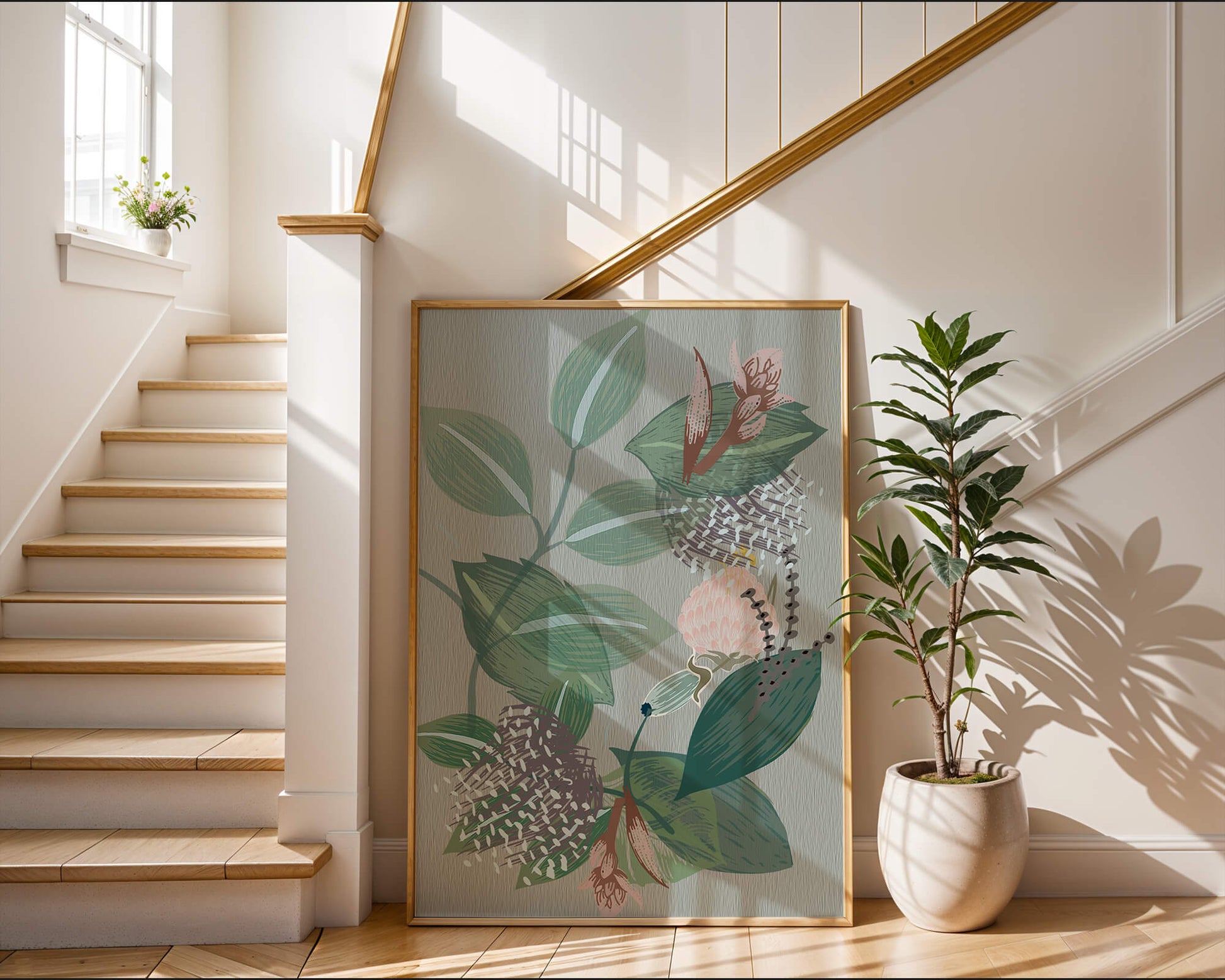 Floral botanical pattern with green leaves and delicate flowers