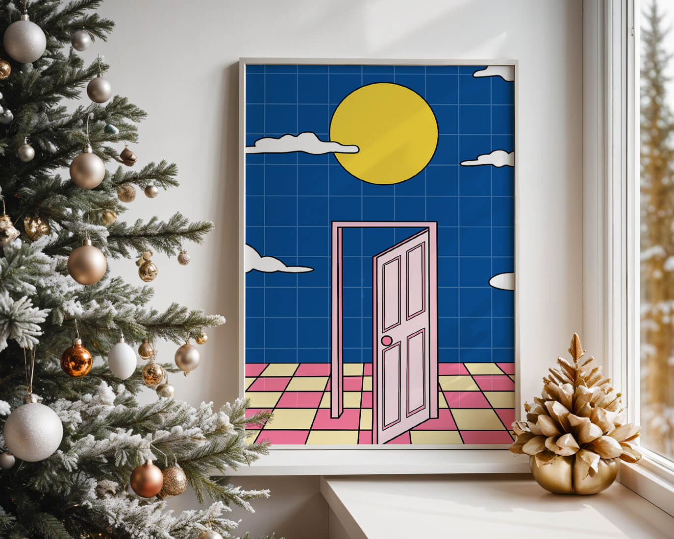 Surreal doorway with pink door under yellow sun and blue sky