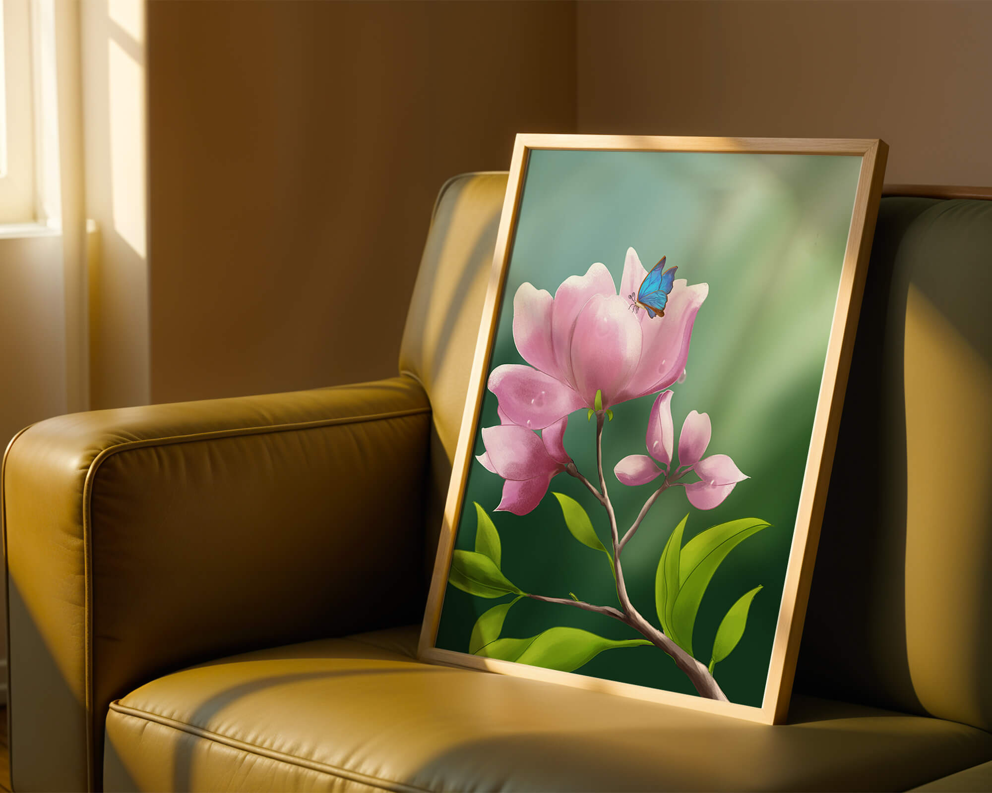 Delicate pink flower with a vibrant blue butterfly in a serene garden setting