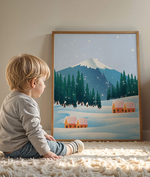 Winter Mountain Landscape with Snowy Cabins and Forest - Mi tienda