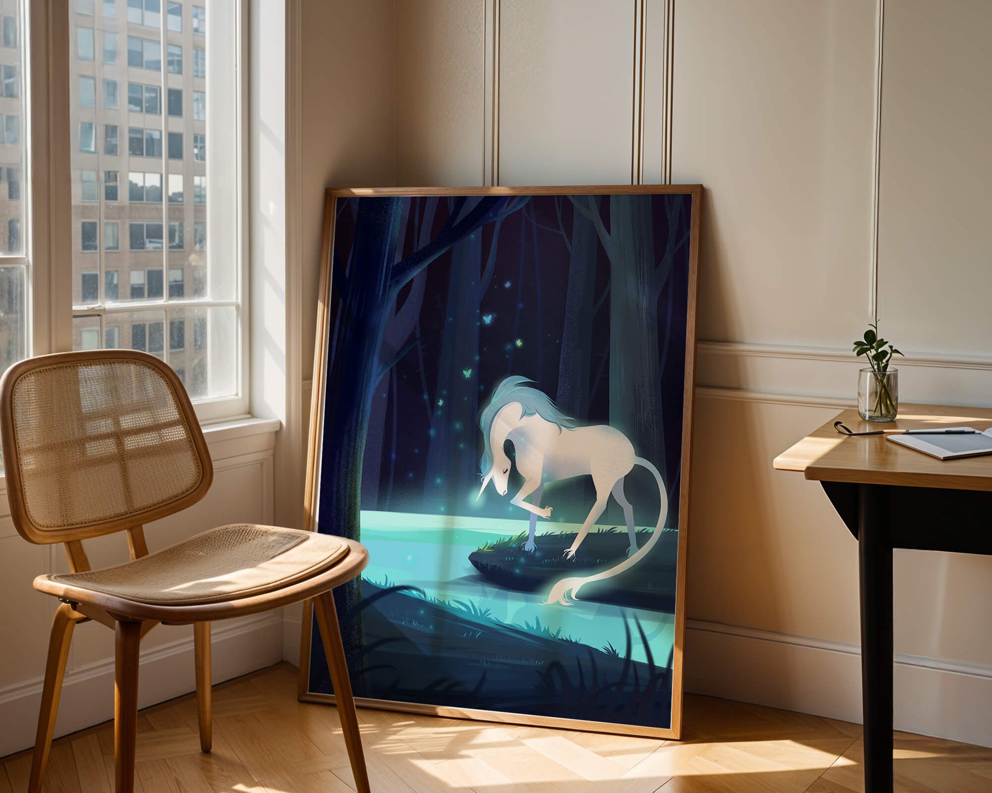 Enchanting night scene with a unicorn by a forest stream