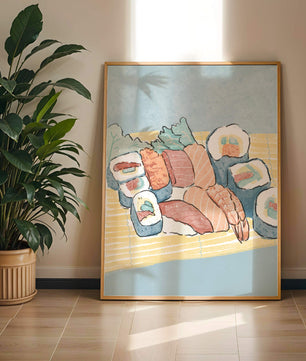 Illustration of assorted sushi rolls with shrimp and salmon on a bamboo mat