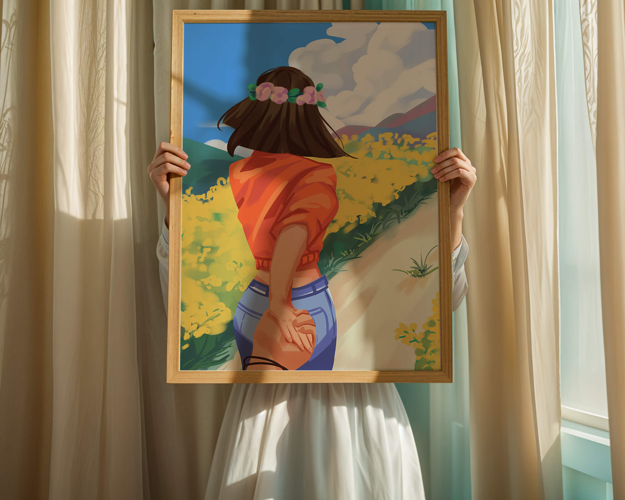 Woman in Nature with Floral Headband and Holding Hands on a Sunny Day