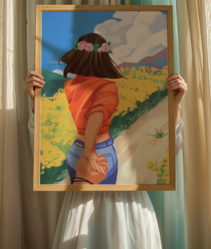 Woman in Nature with Floral Headband and Holding Hands on a Sunny Day