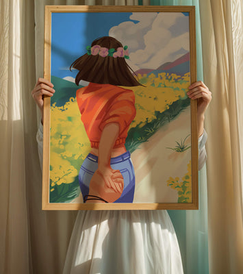 Woman in Nature with Floral Headband and Holding Hands on a Sunny Day