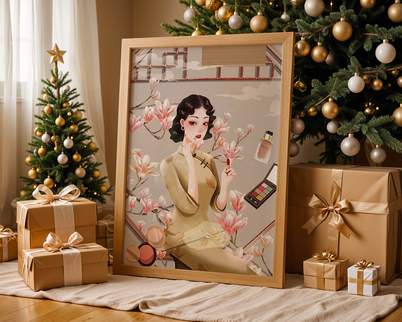 Elegant illustration of a woman with makeup and magnolia flowers