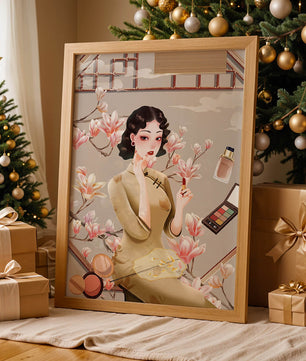 Elegant illustration of a woman with makeup and magnolia flowers