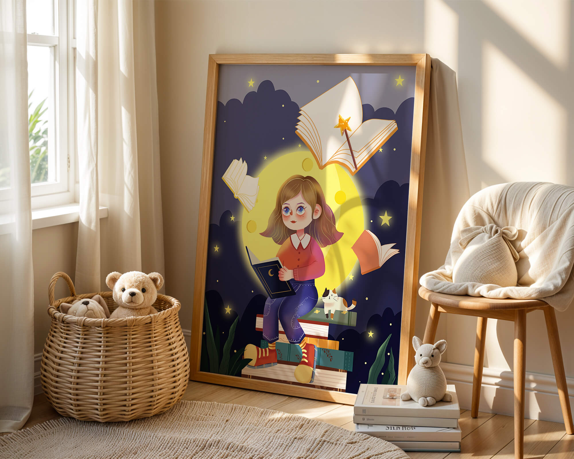 Illustration of a girl reading books under a starry night sky