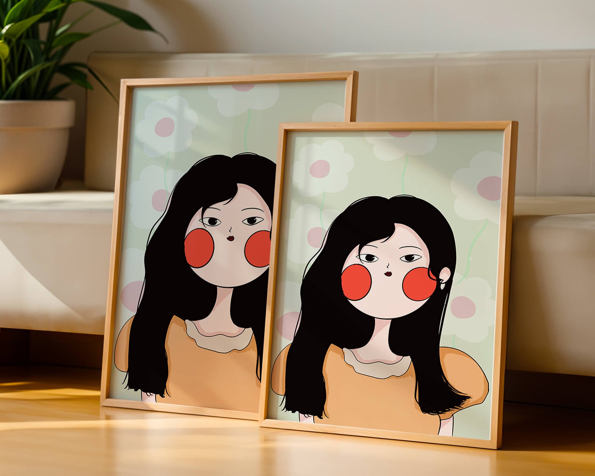Charming illustration of a young woman with floral background