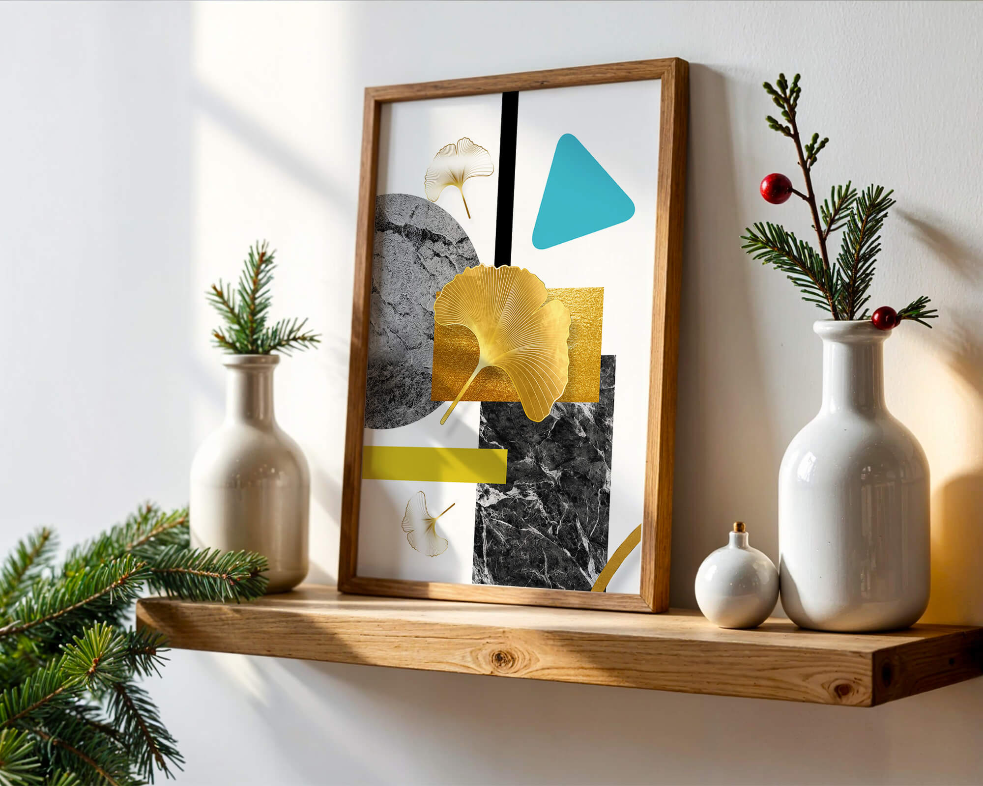 Geometric Abstract Composition with Gold Ginkgo Leaves