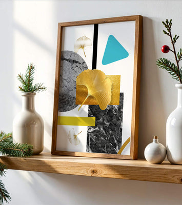 Geometric Abstract Composition with Gold Ginkgo Leaves