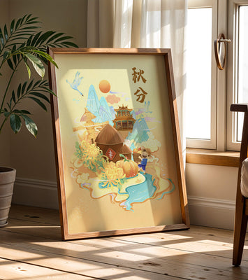 Charming autumn scene with traditional elements and nature motifs