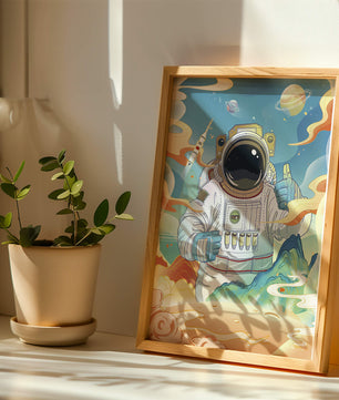 Colorful illustration of an astronaut in space with planets and rocket