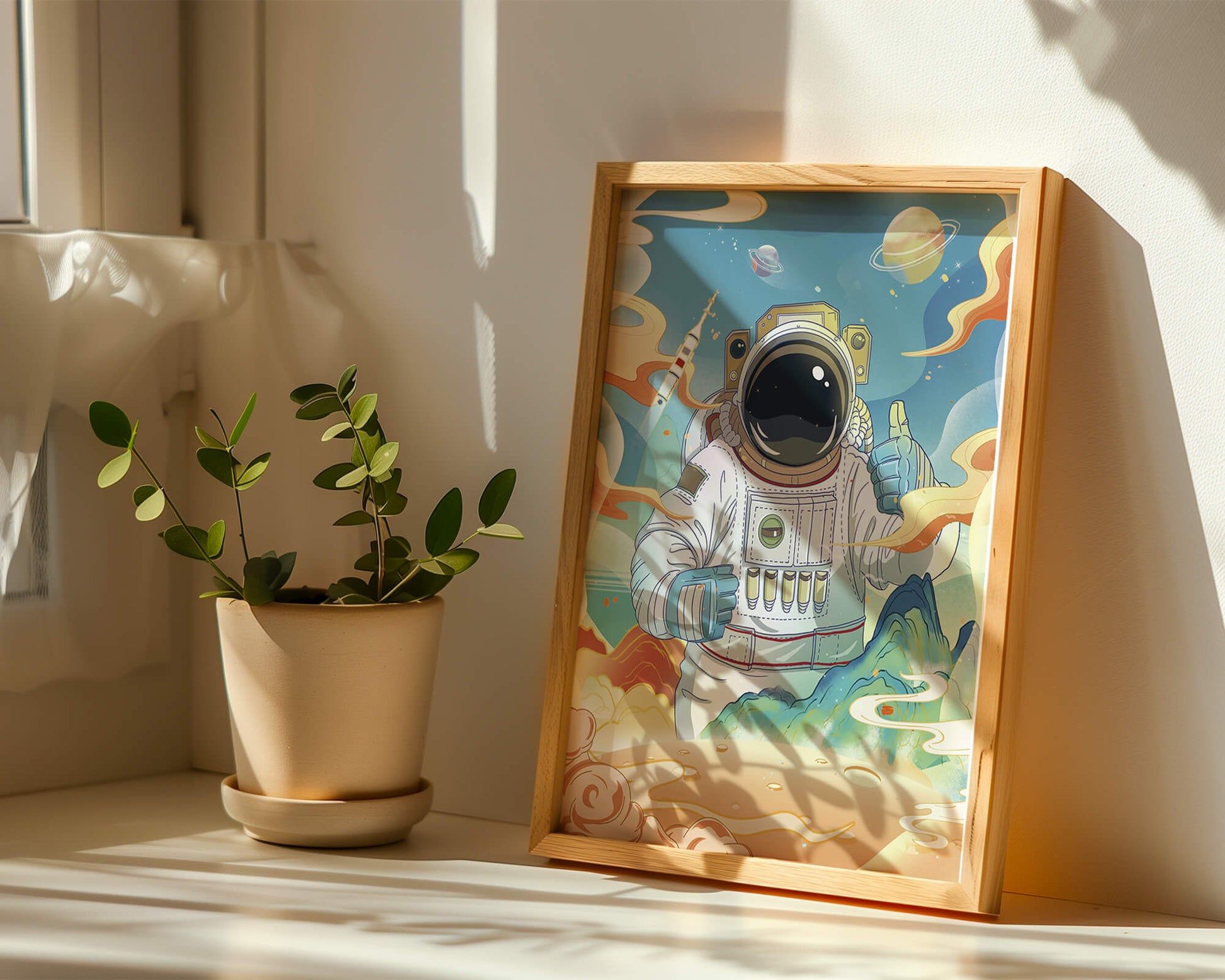 Colorful illustration of an astronaut in space with planets and rocket