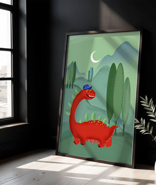 Whimsical red dinosaur in a serene nighttime forest