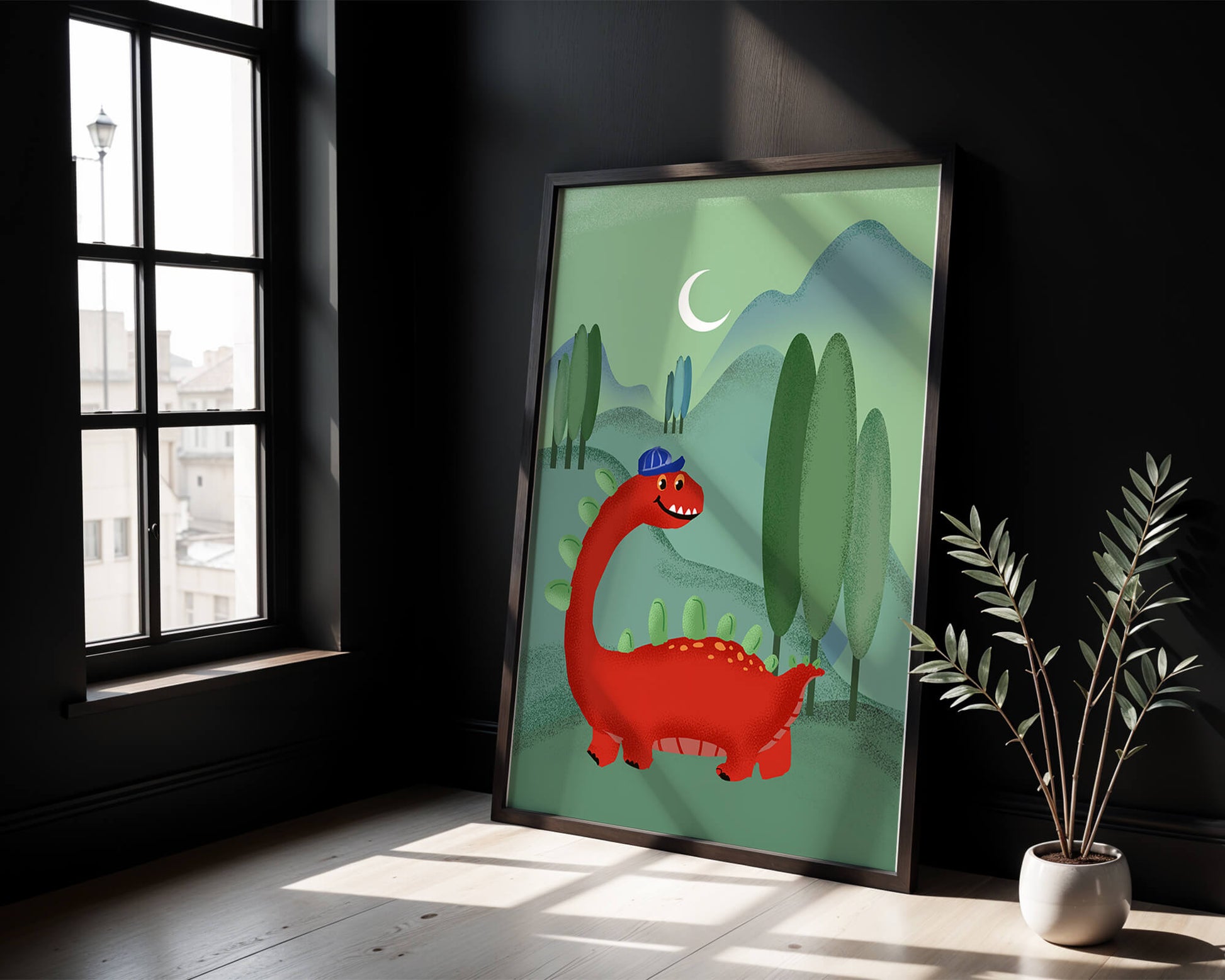 Whimsical red dinosaur in a serene nighttime forest