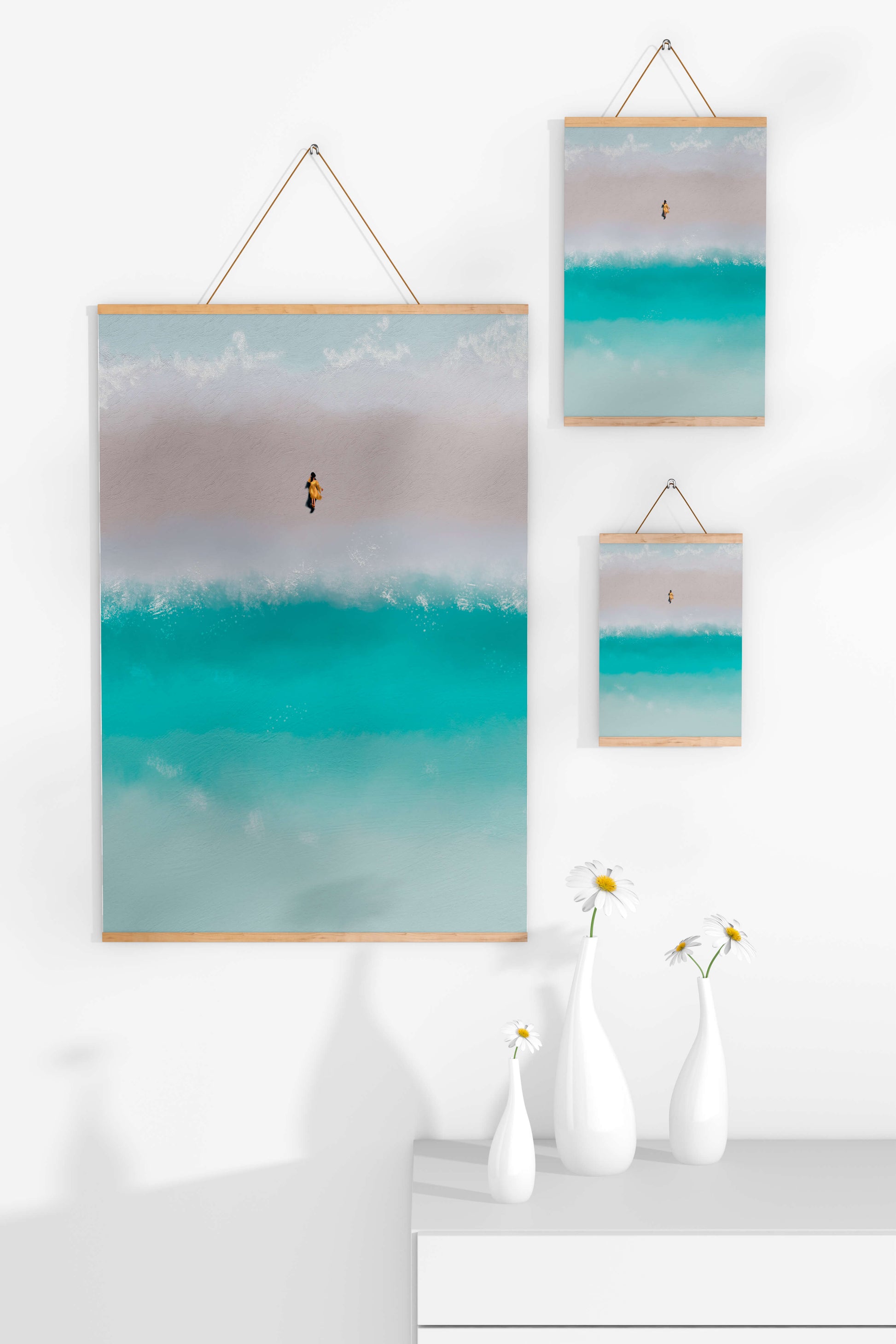 Serene beach with turquoise waves and solitary figure