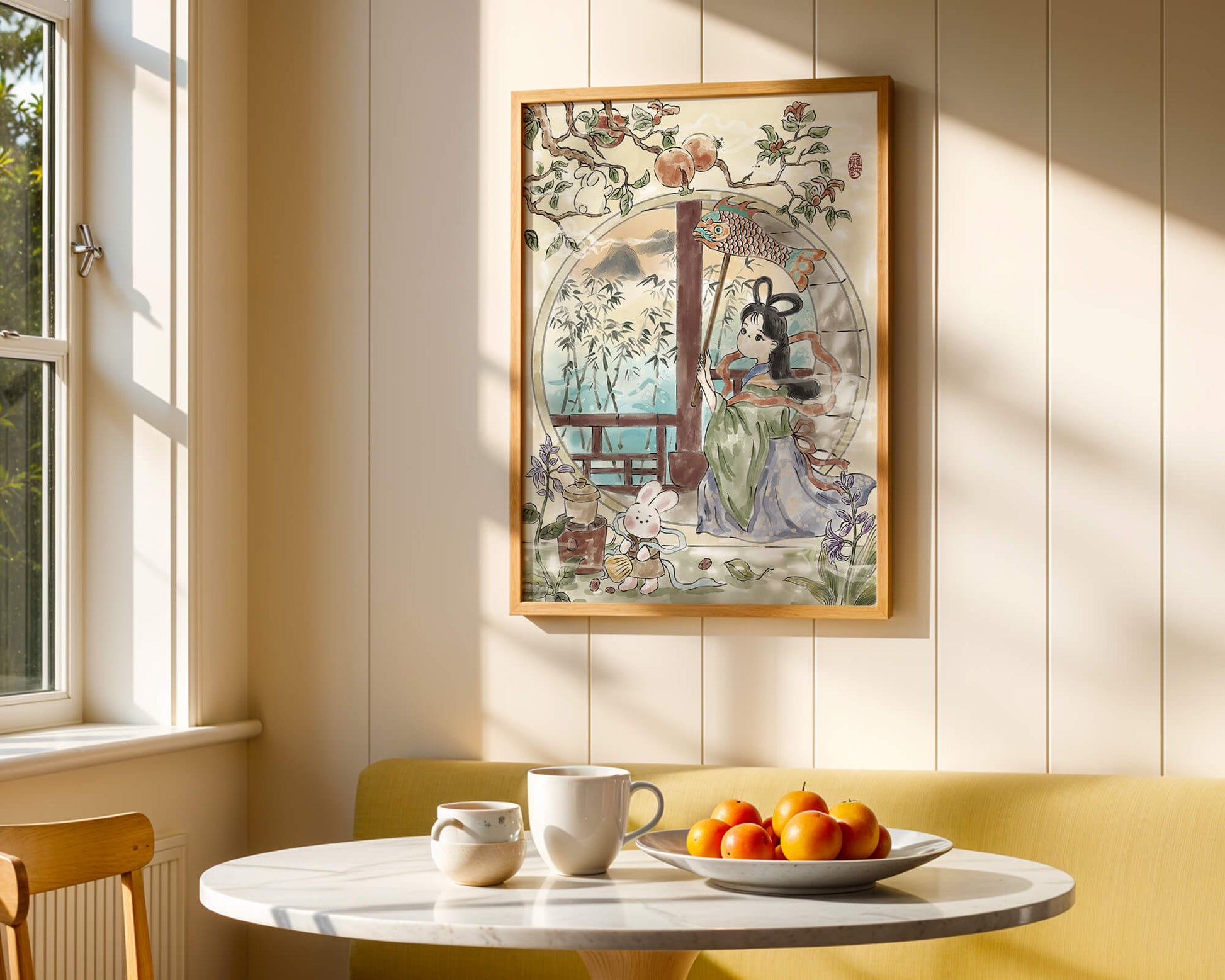 Escena de jardín tranquilo con una niña y un conejo