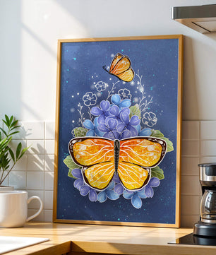 Colorida ilustración de mariposa y flores azules