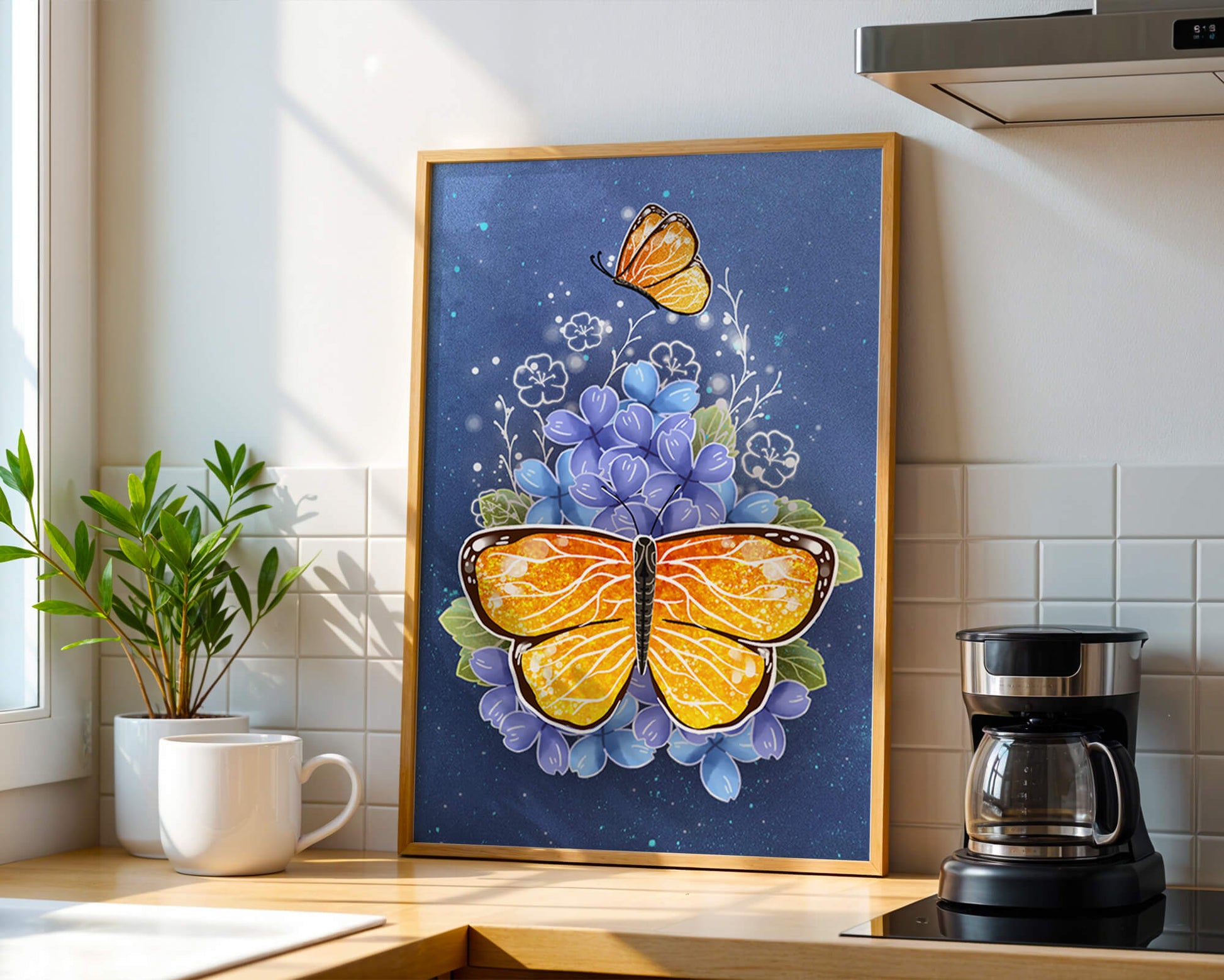 Colorida ilustración de mariposa y flores azules
