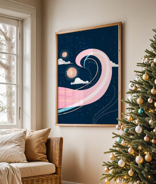 Cosmic Waves and Planets with Whimsical Pink Swirls and Stars - Mi tienda