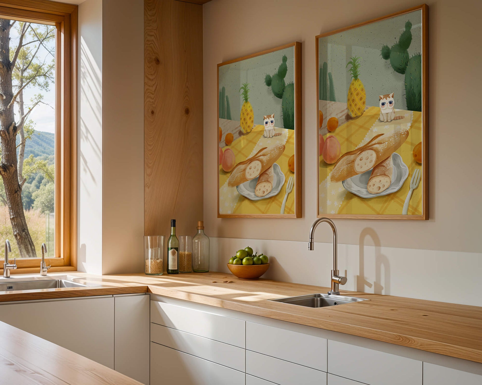 Gato con gafas de sol en un entorno tropical con baguettes y frutas