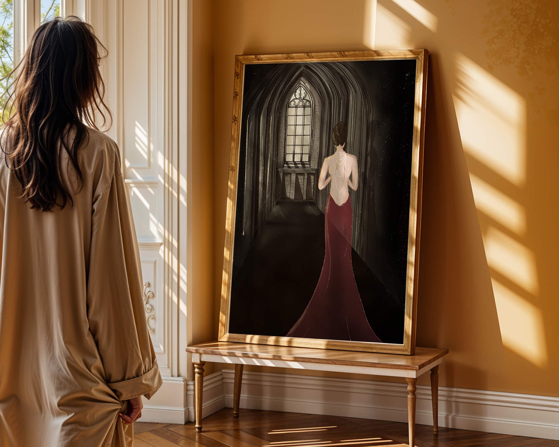Elegant woman in a red dress inside a gothic hallway