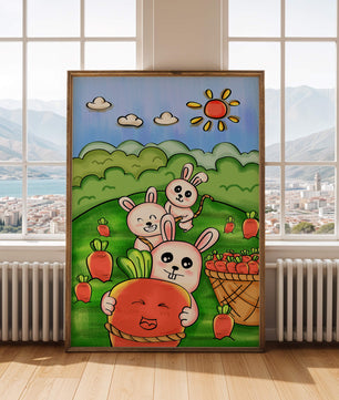 Illustration de lapins espiègles avec des carottes dans un champ ensoleillé
