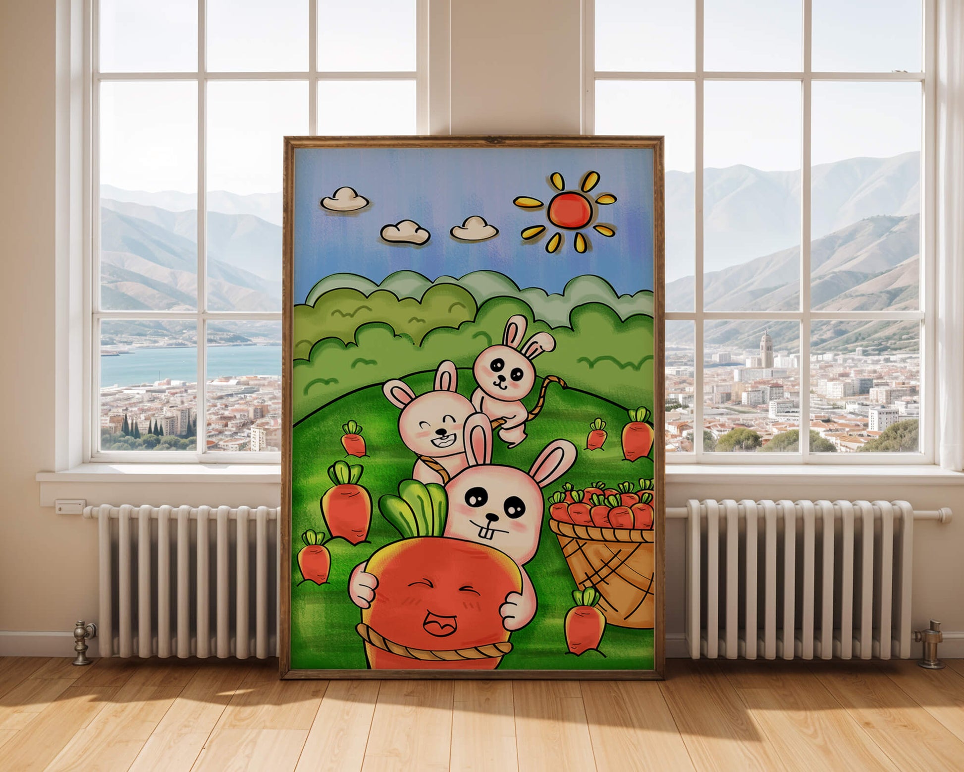 Illustration de lapins espiègles avec des carottes dans un champ ensoleillé