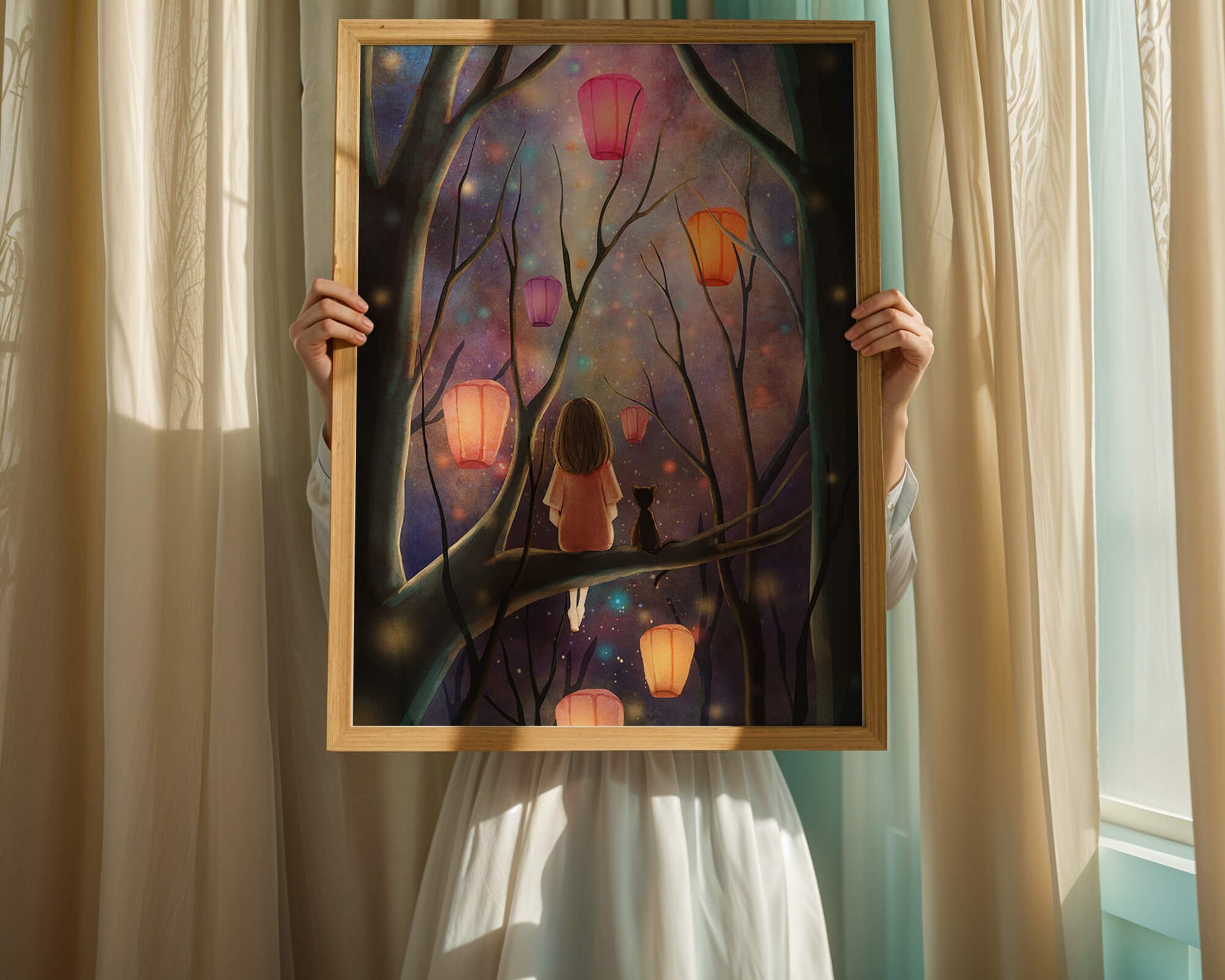 Scène nocturne enchanteresse avec des lanternes et une fille dans la forêt