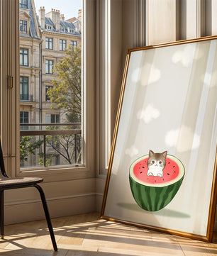 Whimsical art of a kitten in watermelon with clouds