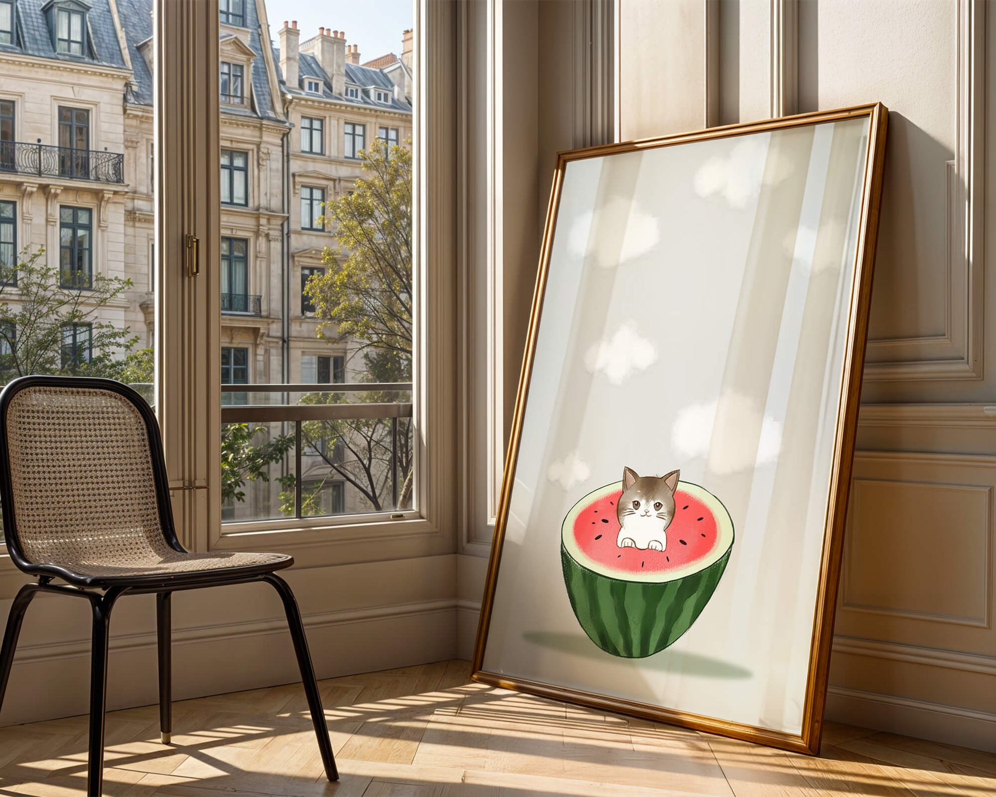 Whimsical art of a kitten in watermelon with clouds