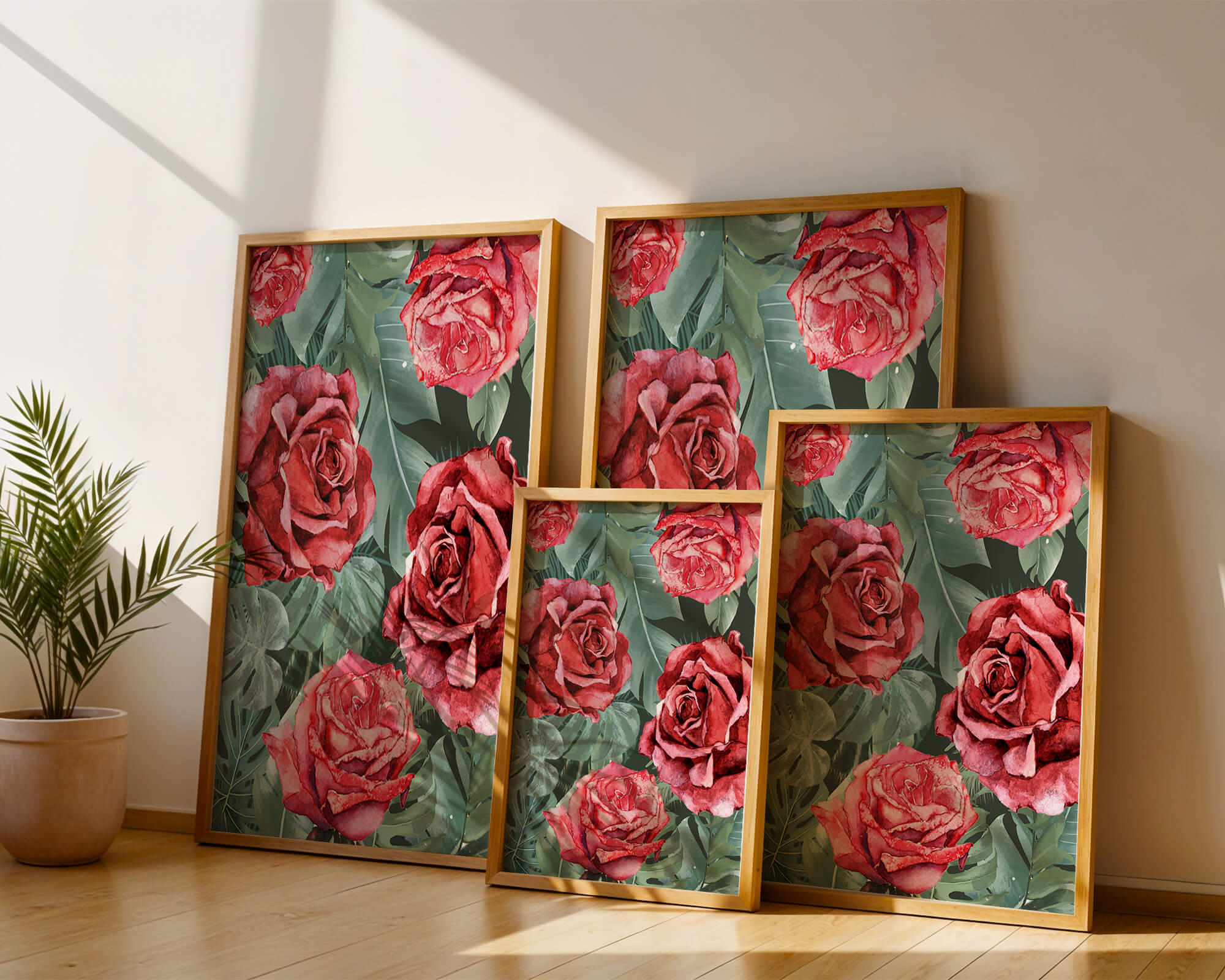 Red roses and green foliage pattern in watercolor style
