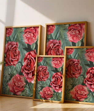 Red roses and green foliage pattern in watercolor style