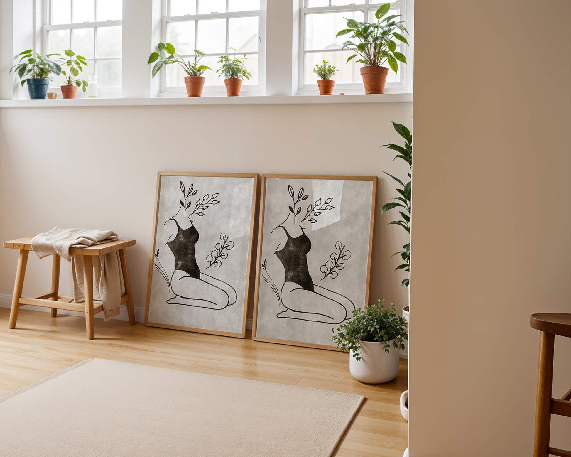 Mujer abstracta con elementos botánicos en estilo minimalista
