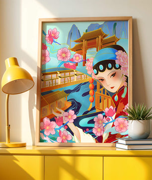 Traditional Asian art with cherry blossoms and architecture