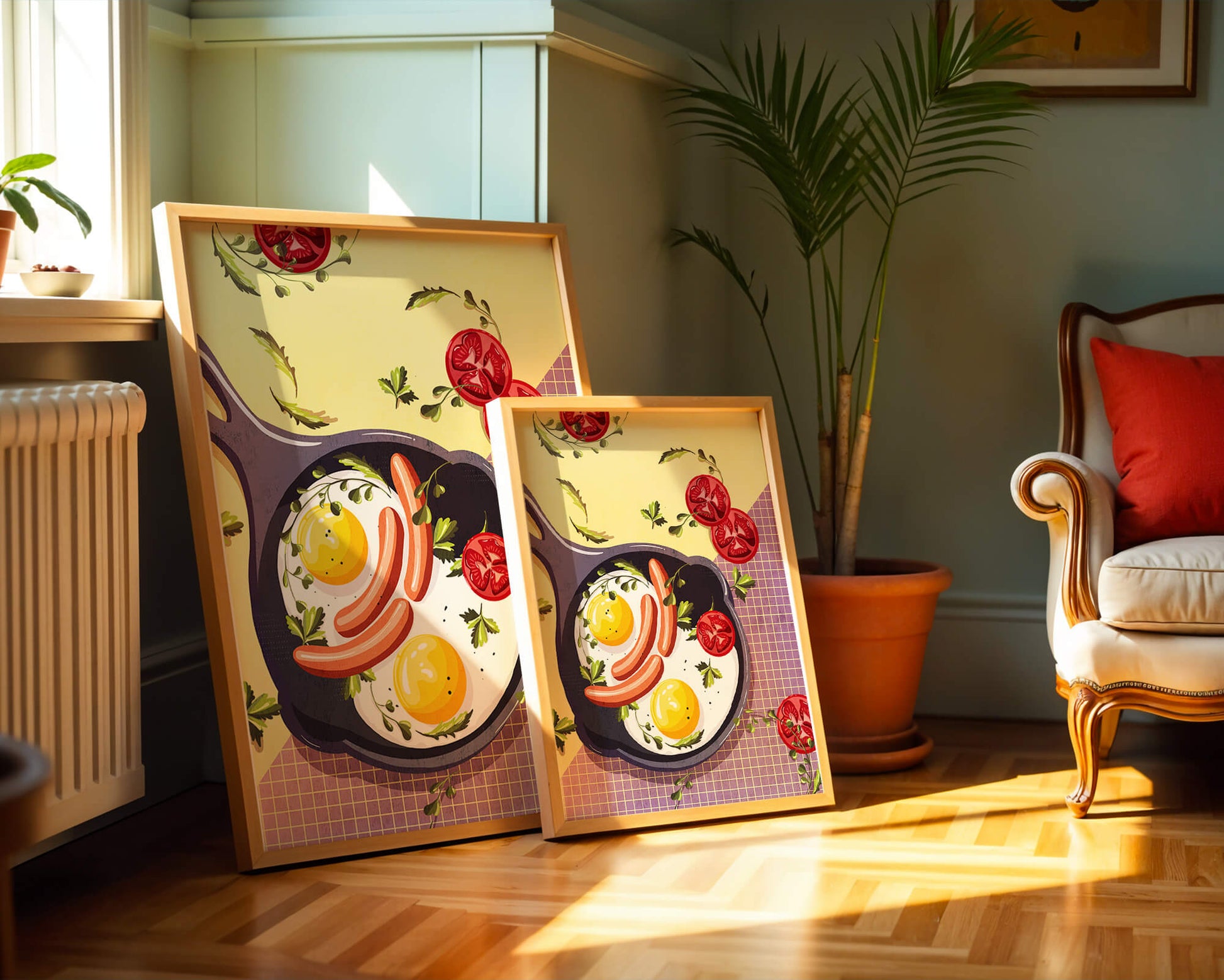 Fried Eggs and Sausages in Pan with Tomatoes and Herbs on Colorful Background