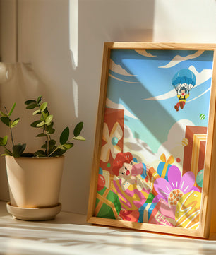 Colorful illustration with presents and children playing under a blue sky