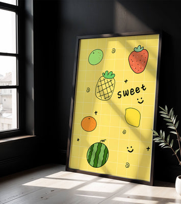 Playful fruit pattern on yellow grid background